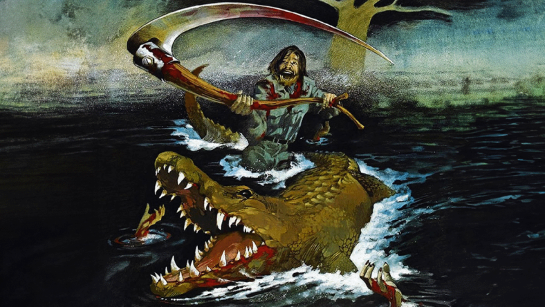 A painting of a swamp with a wild looking man swinging a sickle and an alligator with it's giant mouth open. A hand sticks up out of the water near the alligator.