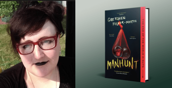 Headshot of Gretchen Felker-Martin next to a photo of her novel, Manhunt