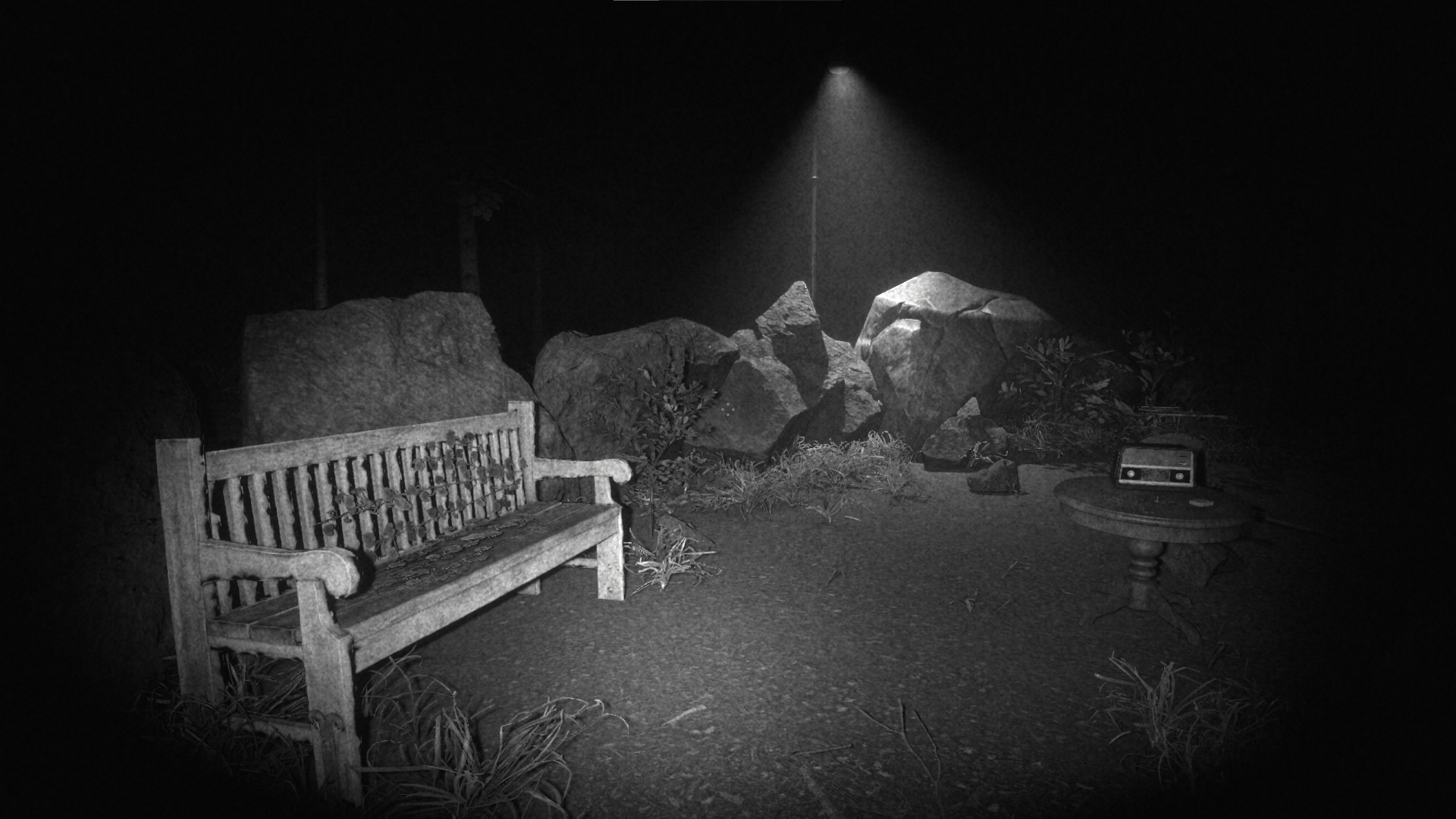 The Colossus is Coming 3 - A lonely bench and radio in an eerie clearing.