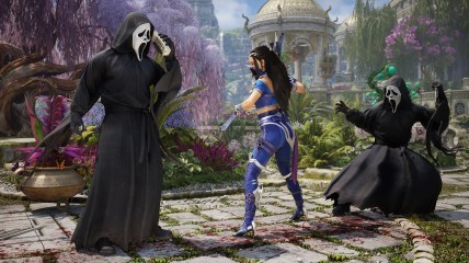 One Ghostface on the signature Scream phone with Kitana facing him and another Ghostface to her right